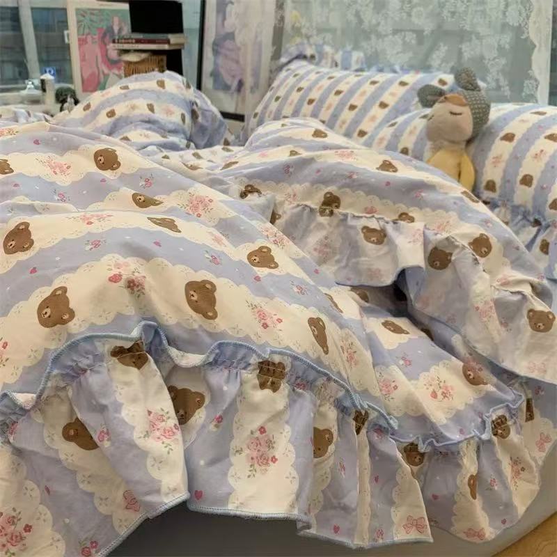 Korean Style Princess Floral Bedding Set Washed Cotton Vintage French Pastoral Flowers Lace Ruffles Duvet Cover Set Pillowcase