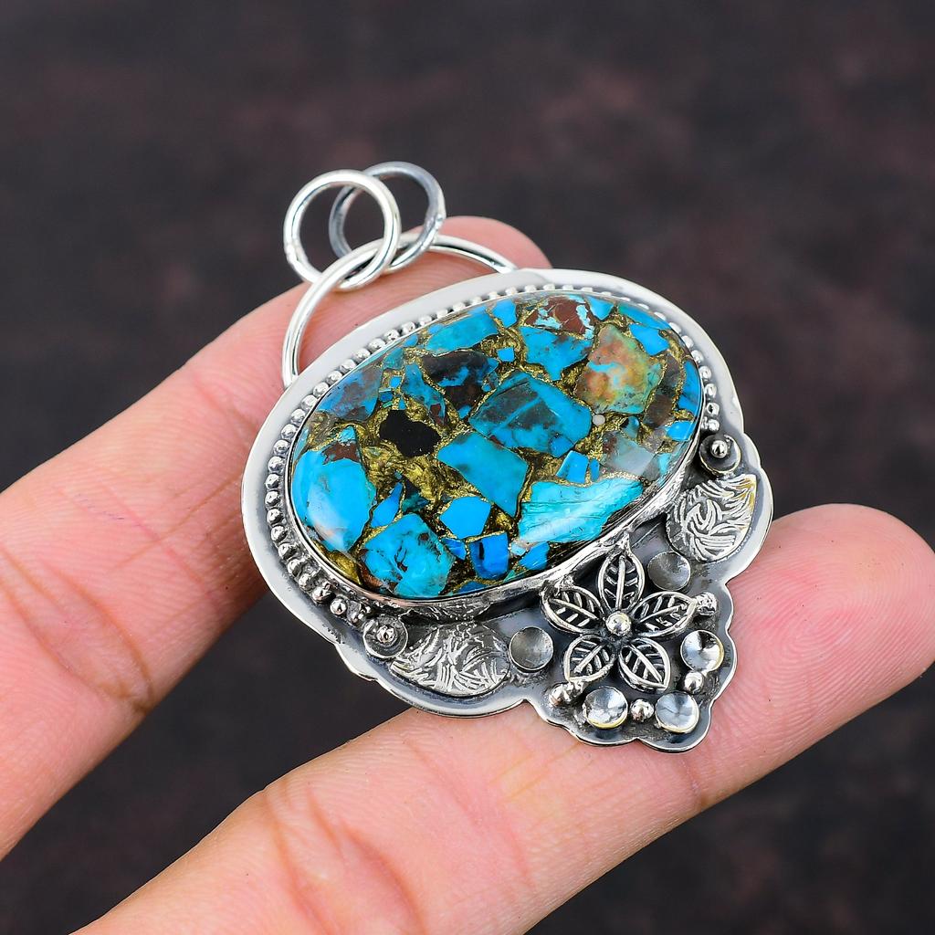 Медь Подвеска из хризоколлы Стерлингового серебра 925 пробы Подвеска из натурального драгоценного камня Ювелирные изделия ручной работы Цветочная подвеска Подарок для женщин Ювелирные изделия из целебного камня
