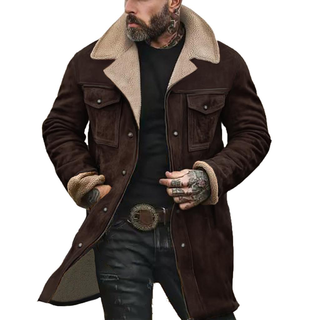 Men's Suede Color-matching Winter Jacket Multi-pocket Zipper Coat