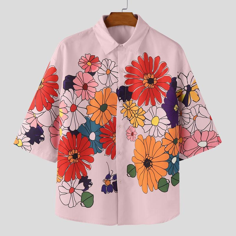 INCERUN Большие мужские рубашки с отложным воротником, повседневные, рукава 3/4, пуговицы, цветочный принт, праздничные рубашки, топы