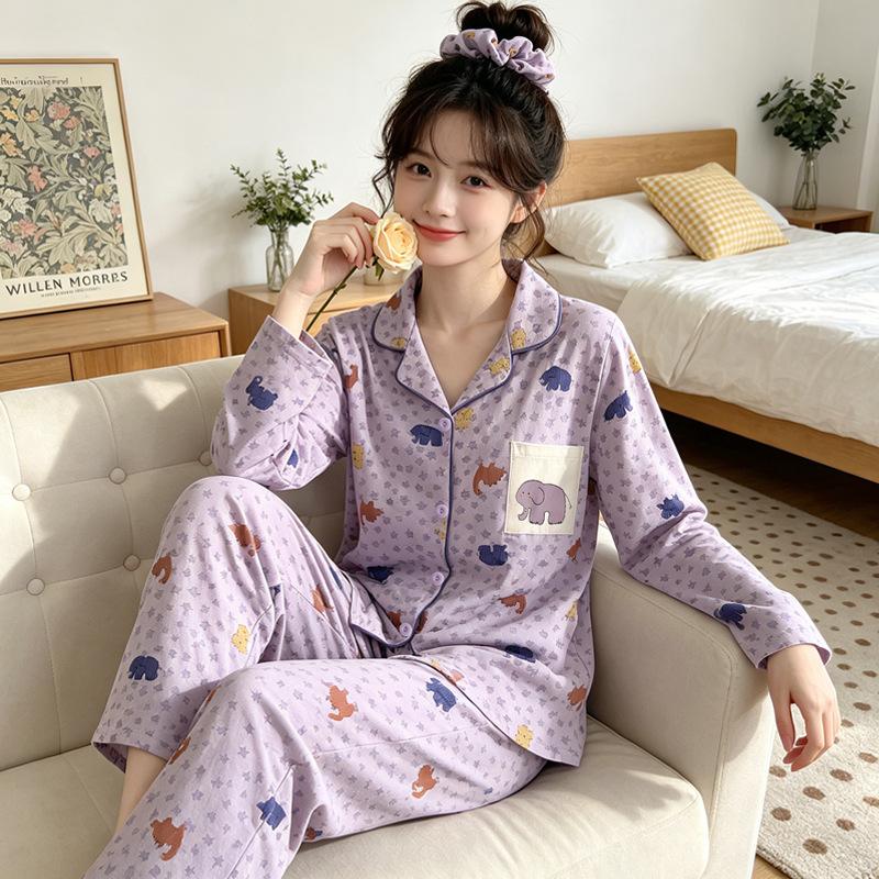Cute baby elephant pajamas for women's spring and autumn cartoons, high-end pure cotton long-sleeved loungewear suits can be worn outside