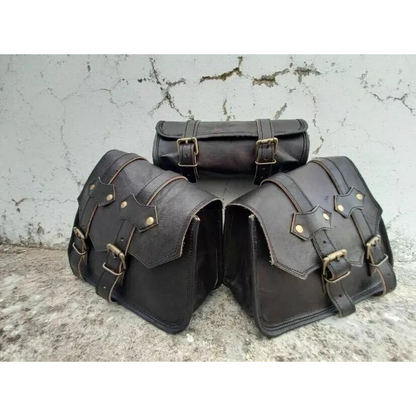 Комбинированная черная винтажная кожаная 3-седельная сумка для мотоцикла, боковая сумка для инструментов