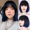 Women Fashion Dark Blue Short Straight Bob Wig with Bangs Shoulder Length Synthetic Fiber Wig for Lolita Party Cosplay Daily Use