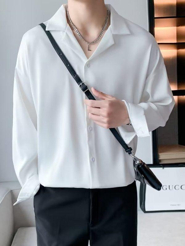 Men's Short-Sleeve White Cuban Collar Shirt - Trendy, High-End, Loose Fit, Casual Ice Silk Summer Wear