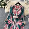 Spring Summer Women V-neck Vintage Print Chiffon Runway Dress Single Breasted Long Maxi Loose Holiday Beach Dresses with Belt