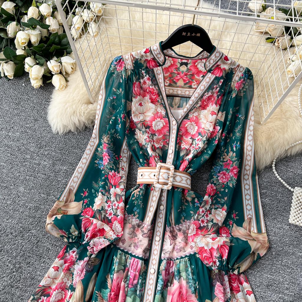 Spring Summer Women V-neck Vintage Print Chiffon Runway Dress Single Breasted Long Maxi Loose Holiday Beach Dresses with Belt