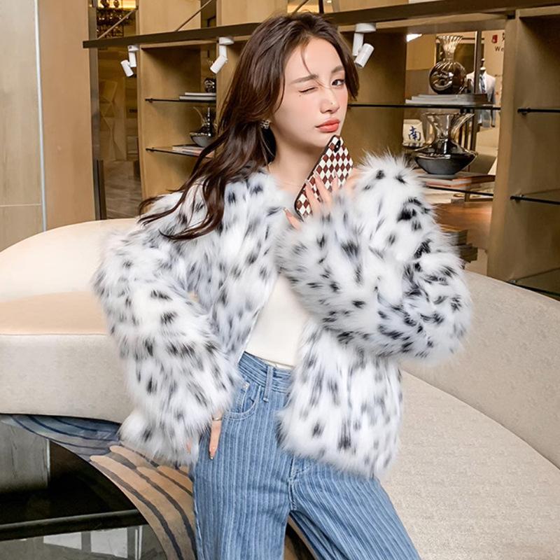 Women's Leopard Point Fox Hair Imitation Fur Jacket Women's Short Young Fashion New Winter Casual Warm