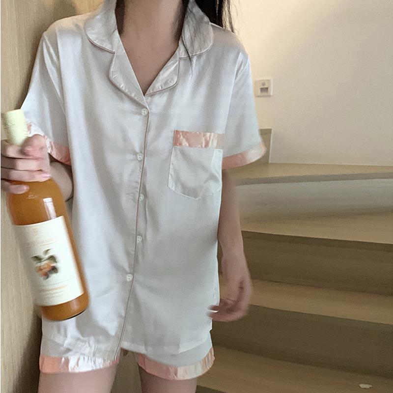 Летняя новинка, женская милая атласная шелковая пижама с цветочным принтом, короткий рукав + брюки, женская шелковая милая домашняя одежда, повседневная одежда