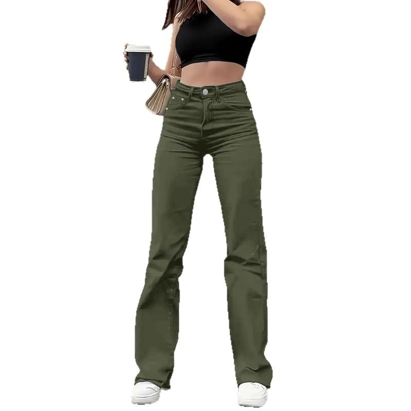 Womens Military Green Straight Leg Denim Pants Casual Wide Jeans Fall