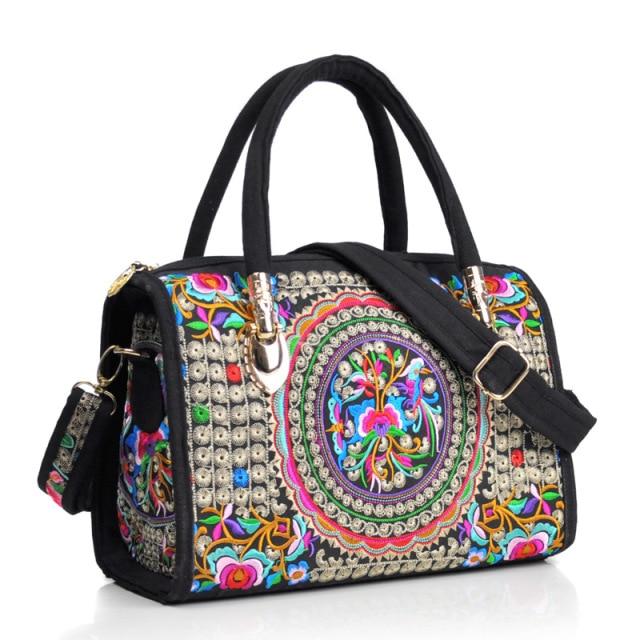Bohemian Women Floral Embroidered Canvas Handbag Vintage Ladies Casual Ethic Boho Shopping Zipper Shoulder Travel Bag