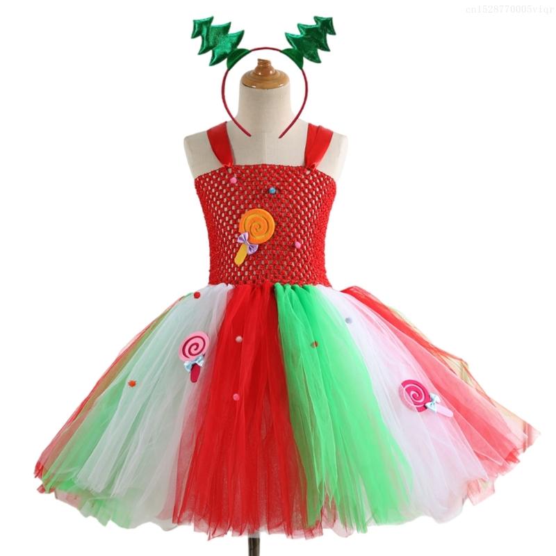 Girl Princess Outfits Set Includes Christmas Dress and Headband for Kids 2-12 F0S4