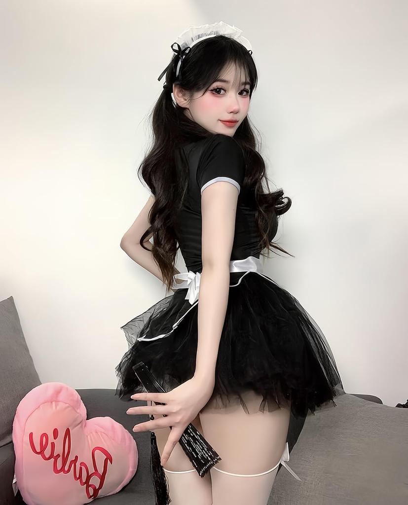 Униформа горничной Маскировка Открытая грудь Сексуальный Косплей Черно-белая кружевная мини-юбка Косплей Хэллоуин Цельный короткий рукав Экстремальное обнажение Сексуальный Эротический