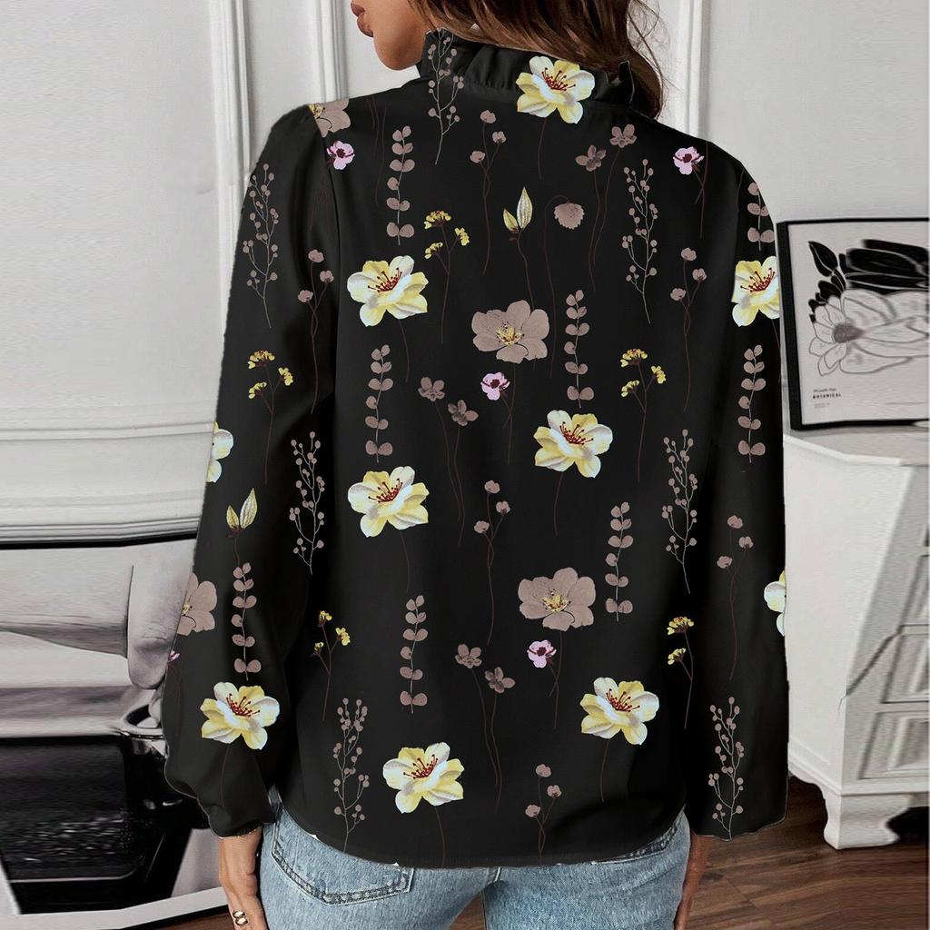 Women's Fall Ruffle V-Neck Fashion Printed Long Sleeve T-Shirt Shirt Top