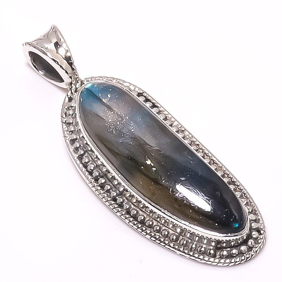 Натуральный камень Лабрадорит 925 пробы Цельное Стерлинговое Серебро Подарок Кулон 1,58" q0h05