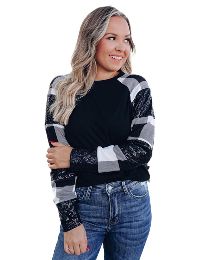 Azura Exchange Black Sequin Plaid Patchwork Raglan Sleeve Top