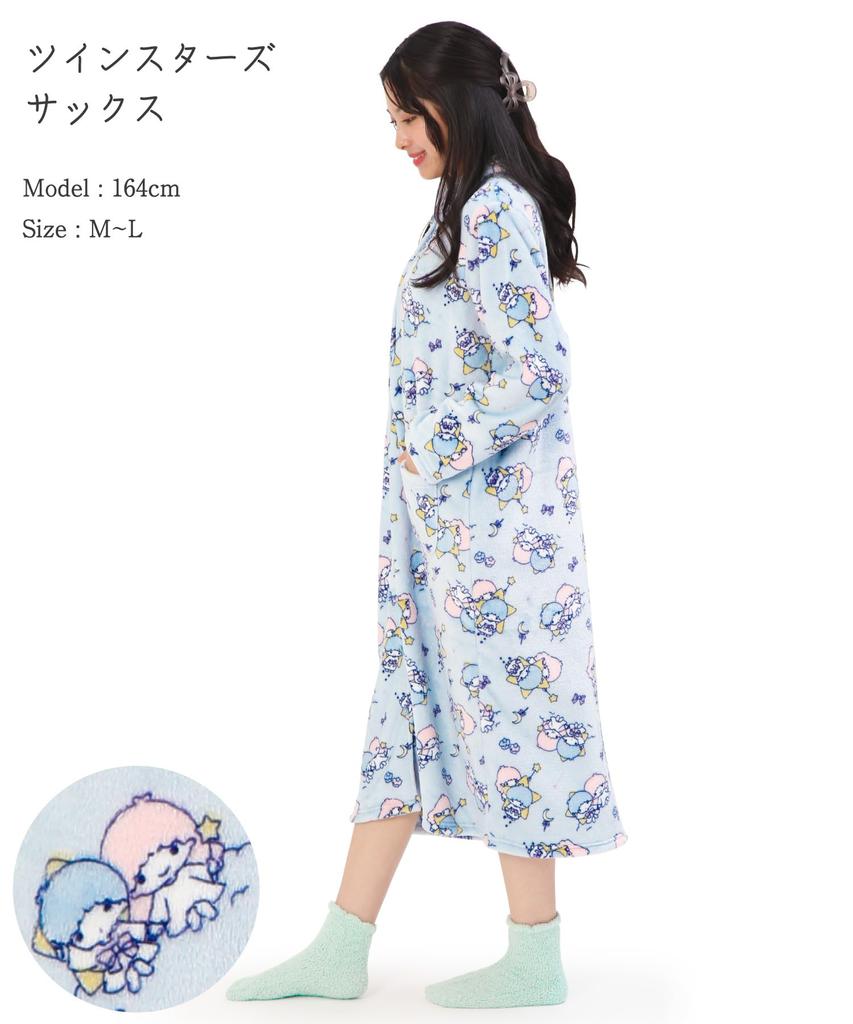 SAZAC Ночная сорочка Платье-пижама, Женская, Пушистый принт Двойные Звезды, Длинный рукав, Открытая спереди, Фланелевая одежда для дома Осень/Зима (Сакс/М-Л/сан1983)