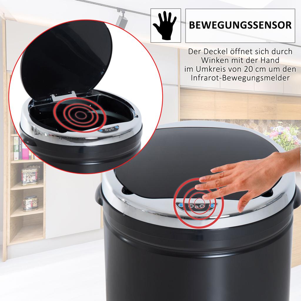 Trash Can with Motion Sensor, Stainless Steel, 30.5 cm x 30.5 cm x 81.5 cm, Black