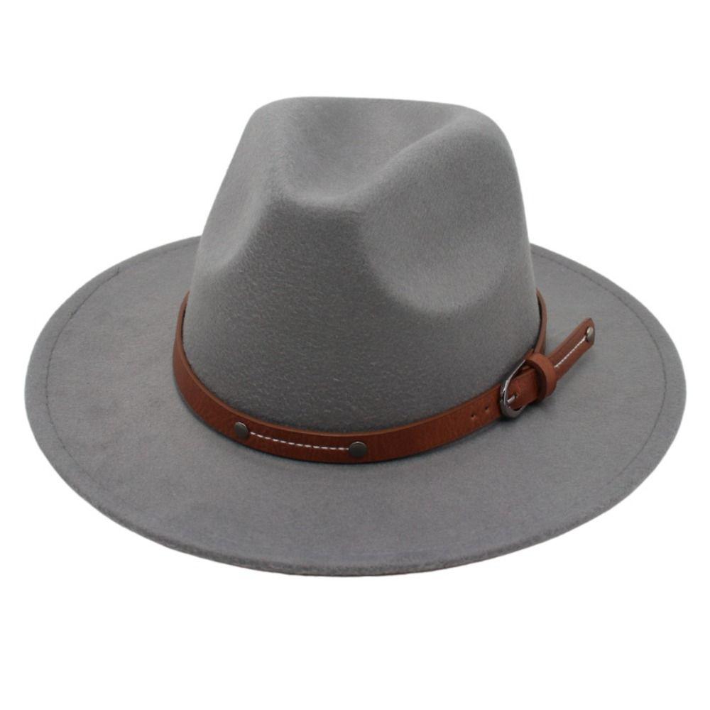 Wide Brim Felt Fedora Hats With Belt Buckle Cowboy Cap Fashion Panama Cap  Men Women