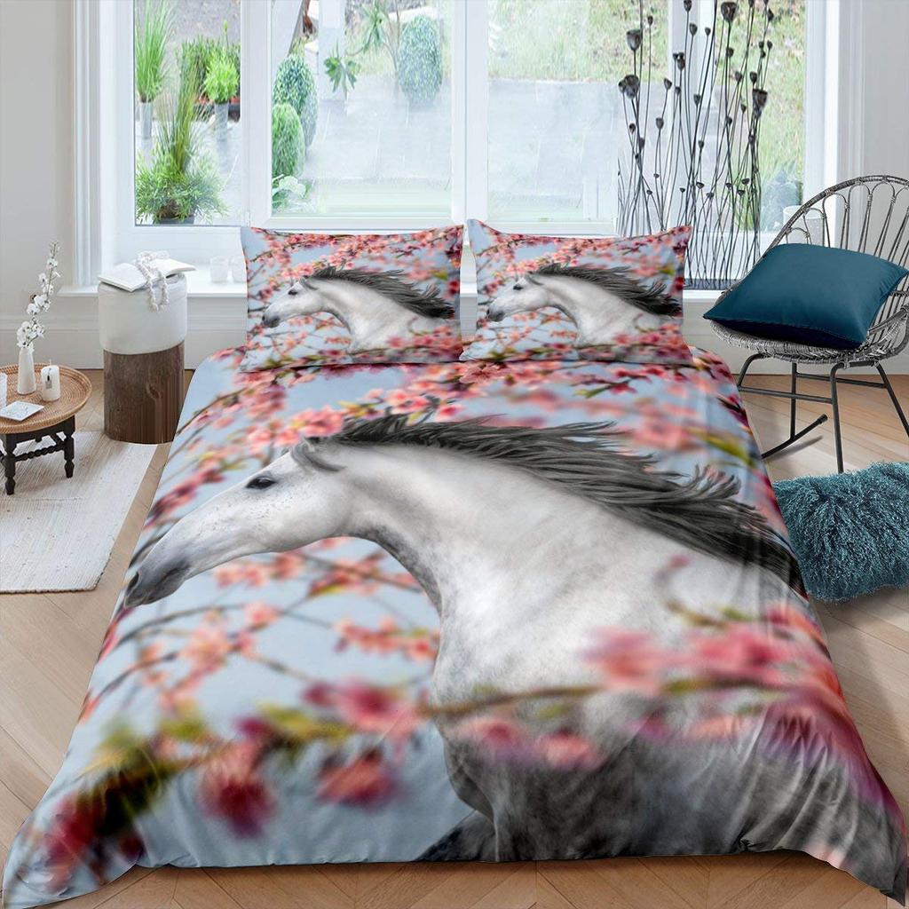 Белый конь Розовый цвет сакуры Король Полный Комплект Постельного Белья Акварельный Цветочный Пододеяльник Животный Пододеяльник Полиэстеровый Чехол для Одеяла