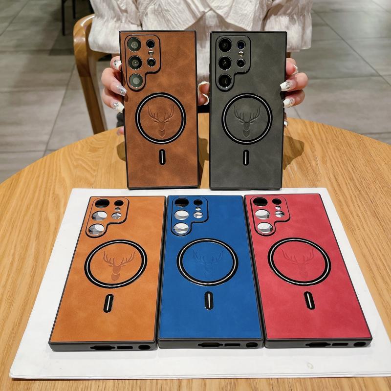Роскошный кожаный чехол для телефона с магнитной беспроводной зарядкой для Samsung Galaxy S24 S23 S22 S21 Plus Ultra Cover Elk Deer Shell
