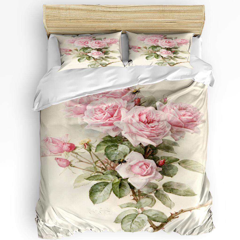 Modern Classic Double Pink Flower Rose Vintage With Pillow Case Custom 3pcs Bed Home Textile Quilt