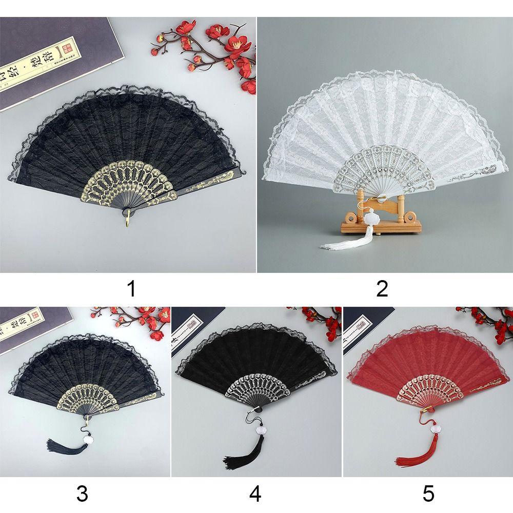 Floral Pattern Folding Fan Tassel Lace Fan Fashion Handheld Fan Photo Props