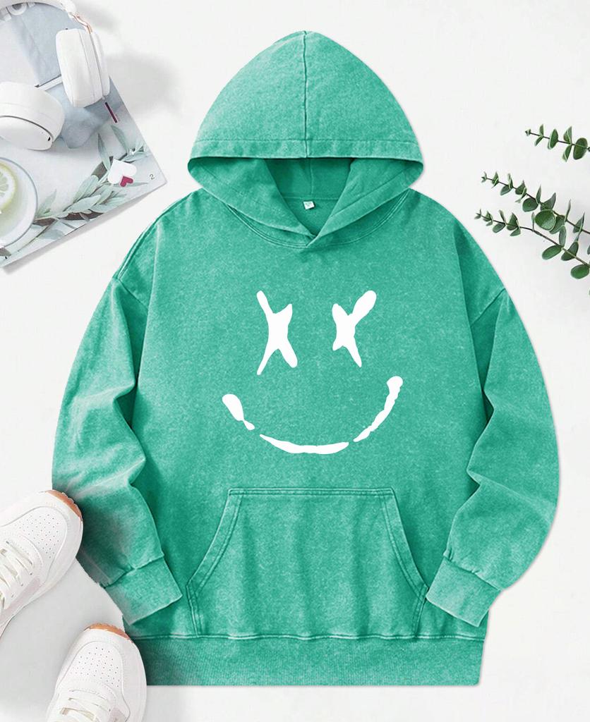 Creative Smiling Printed Washed Hoodies Women Hip Hop Cotton Streetwear Autumn Fashion Clothes Casual Hoody
