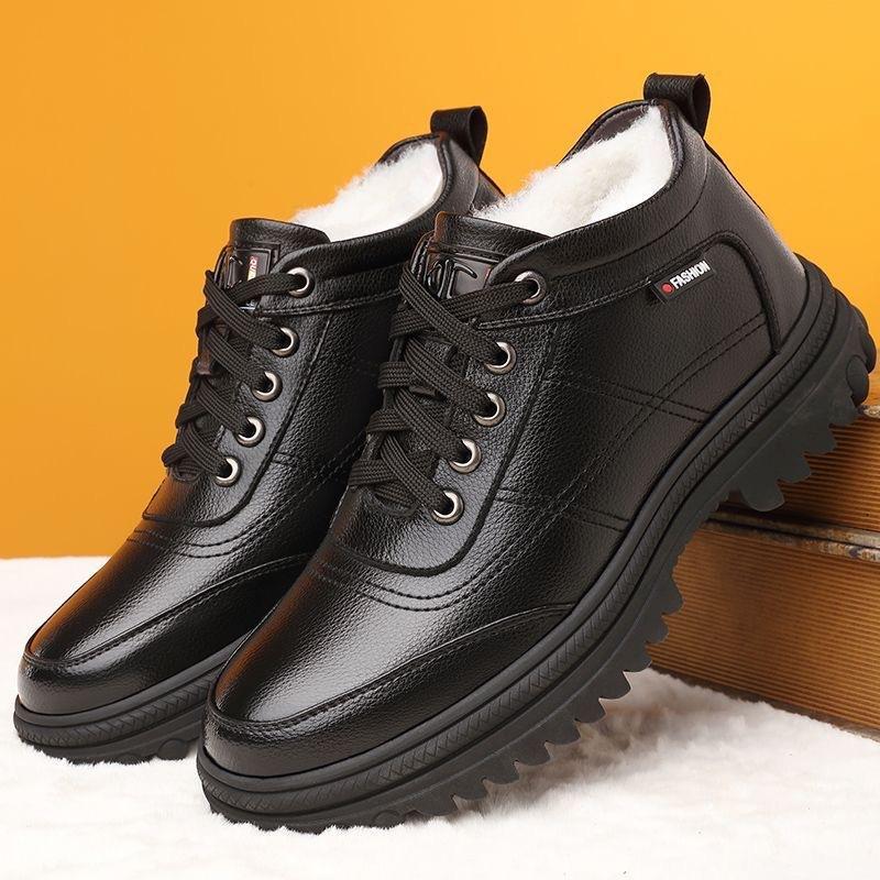 Cotton Shoes Men's New Winter Casual Cotton Shoes Piled Thickened Men's Leather Shoes Snow Boots Dad Warm Shoes