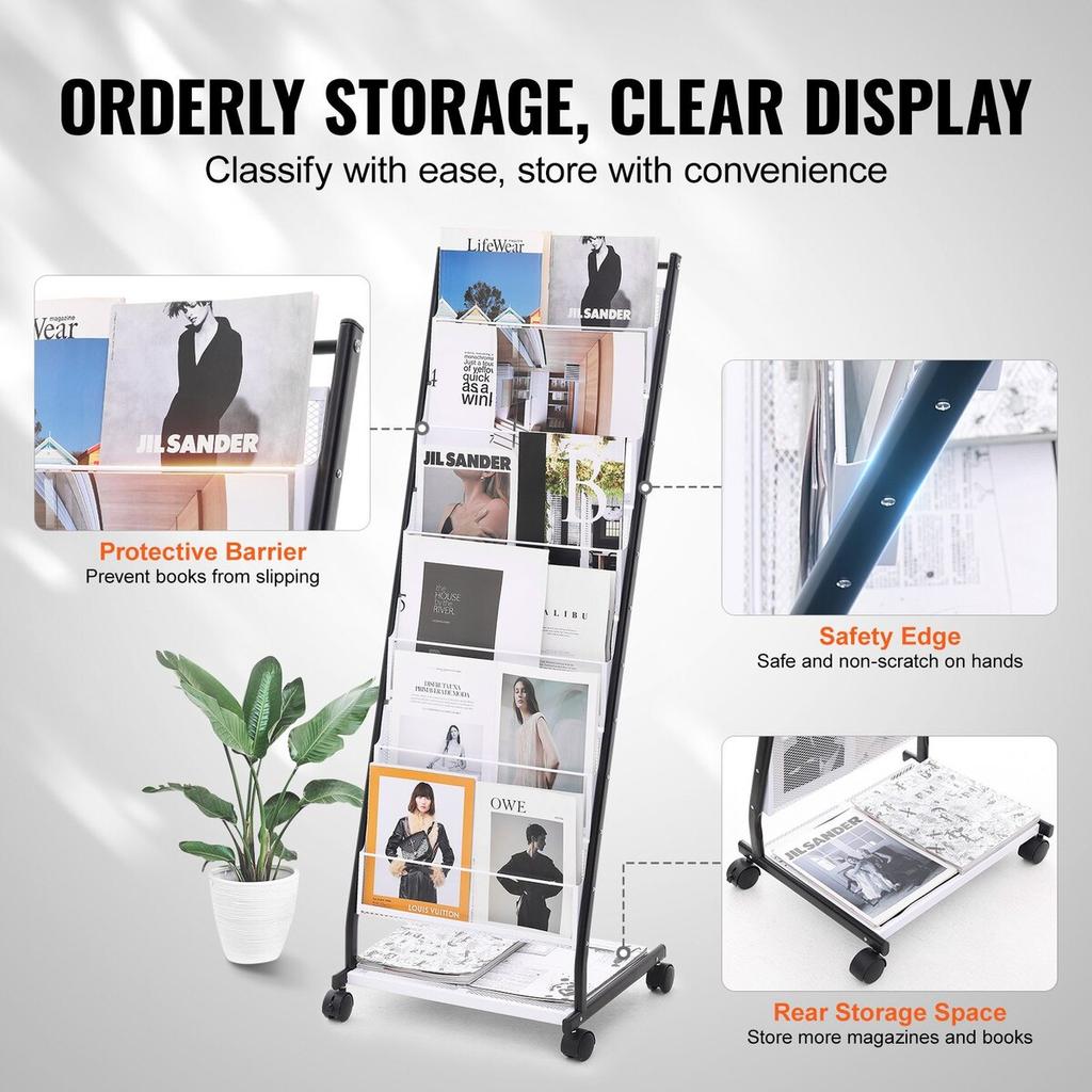 Brochure Display Rack 6-Tier Magazine Literature Display Stand 4 Wheels