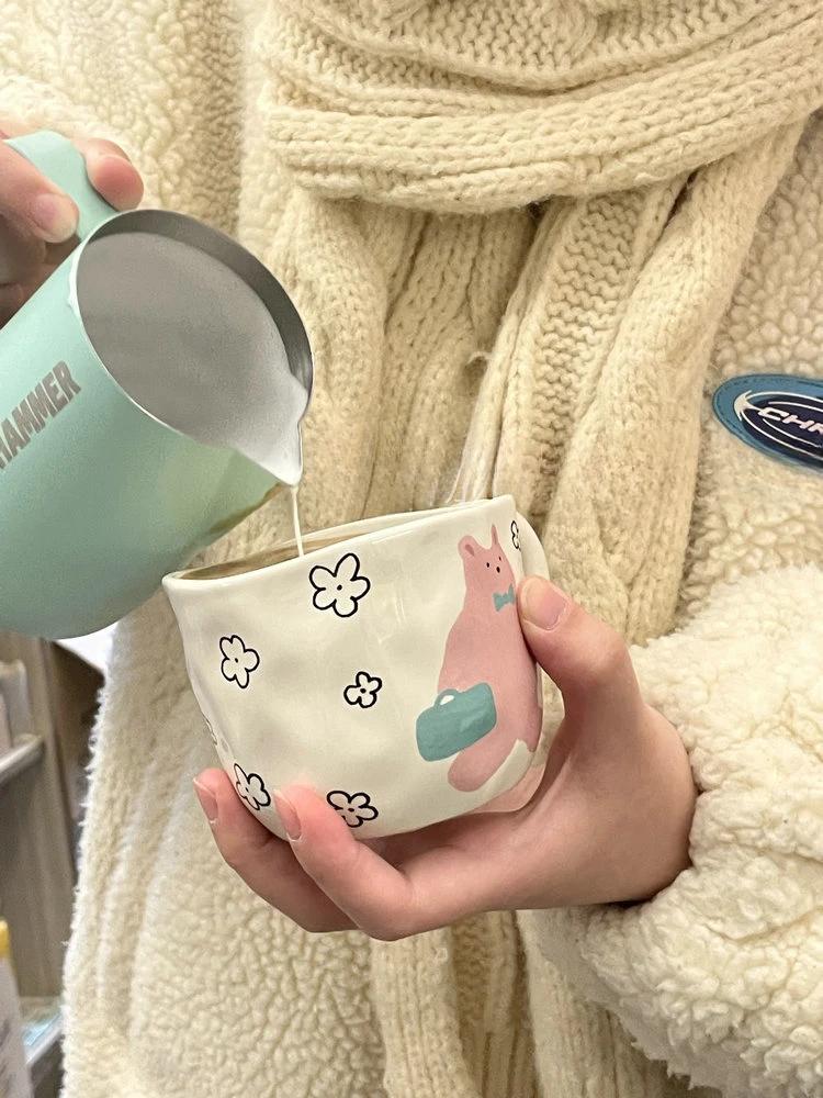 Креативные милые керамические кружки с рисунком медведя и ручкой, нестандартные кофейные чашки ручной работы, чашка для завтрака, молока, овсянки, чая