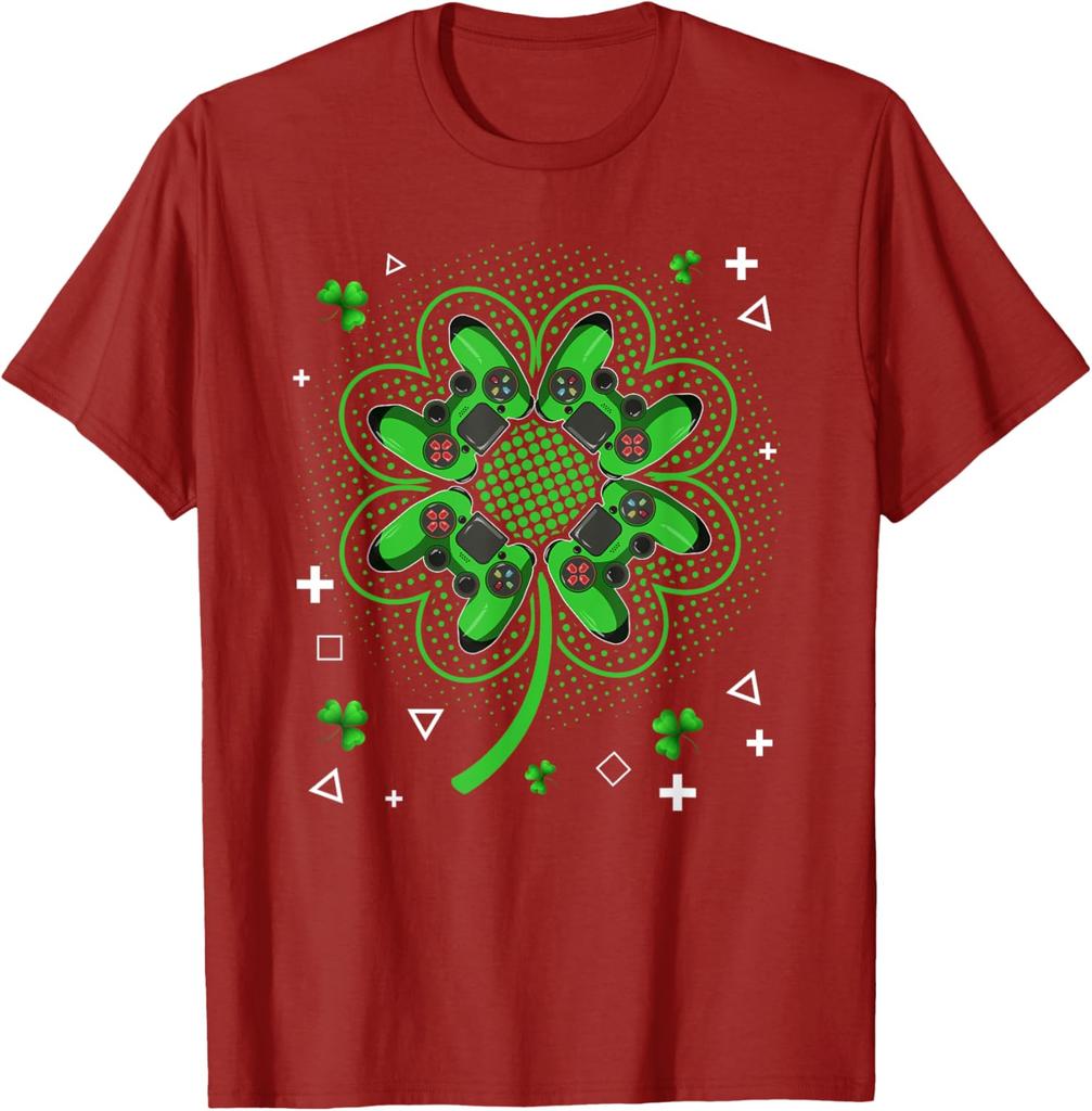 Gamer Shamrock Clover Controller St Patricks Day Graphic Tee Men Casual Trip T-Shirt