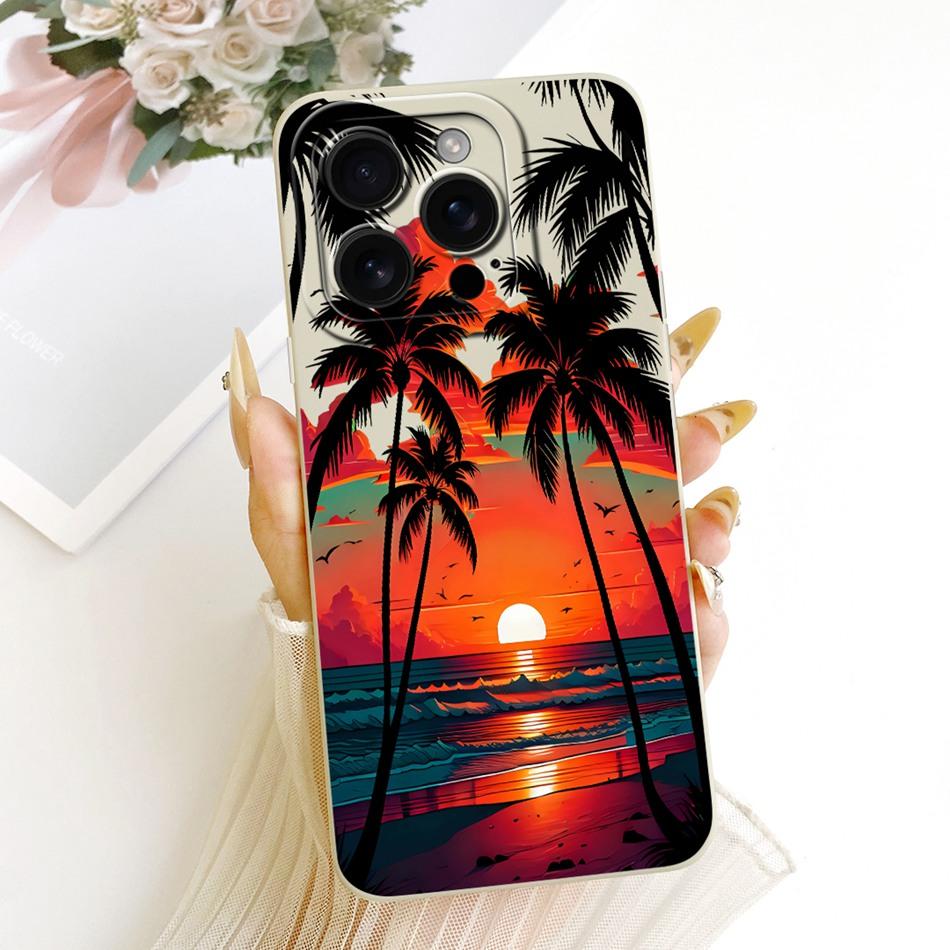 For iPhone 16 Pro Max Fashion Dusk Beach Painting Phone Case For iPhone16 16Pro 16ProMax Soft Silicone Covers Bumpers