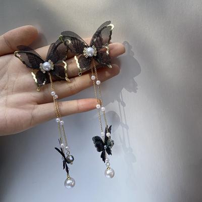 Черные кружевные марлевые серьги с бабочкой для женщин, модный дизайн, длинные милые серьги-бабочки с жемчугом и кисточками, ювелирные изделия, подарки на вечеринку