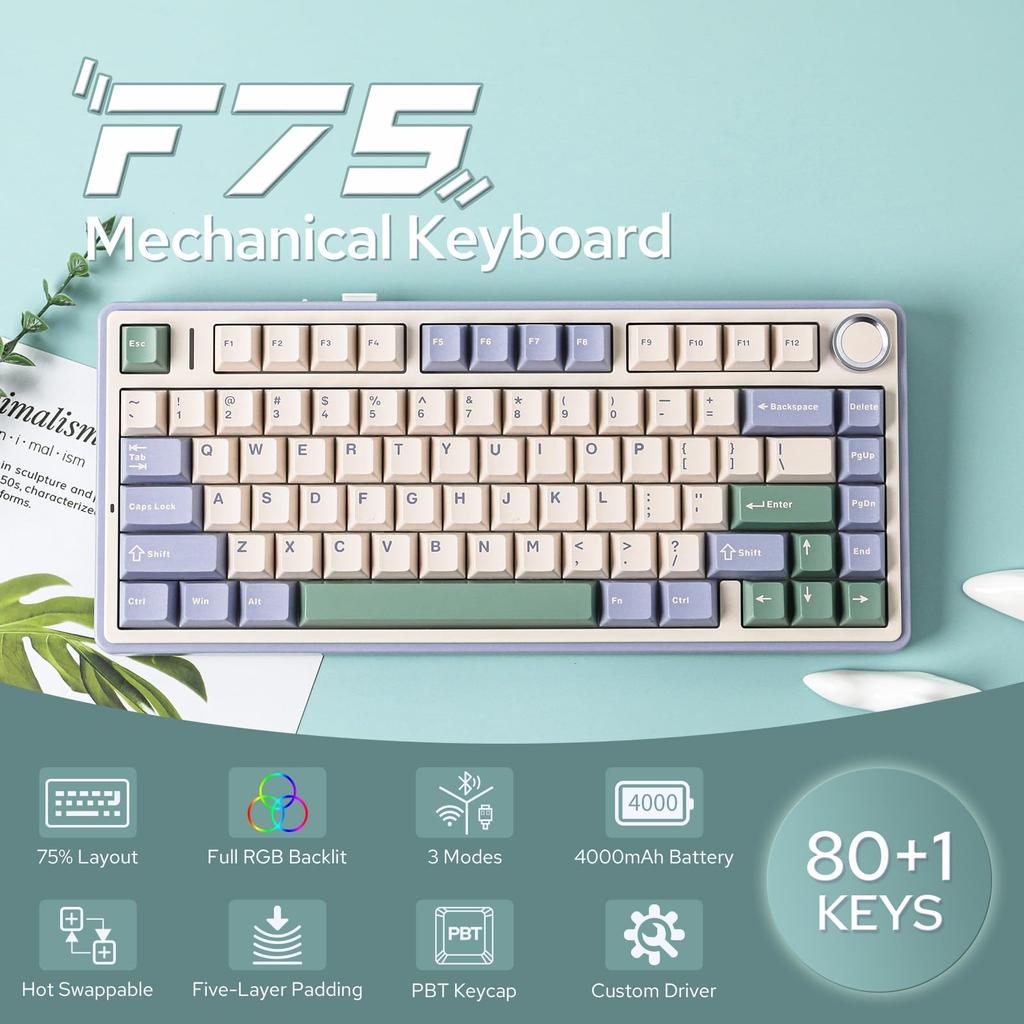 Игровая клавиатура EPOMAKER x Aula F75, прокладка, механическая клавиатура с 5-слойными накладками, ручками, беспроводная, с возможностью горячей замены, RGB, технический сертификат соответствия