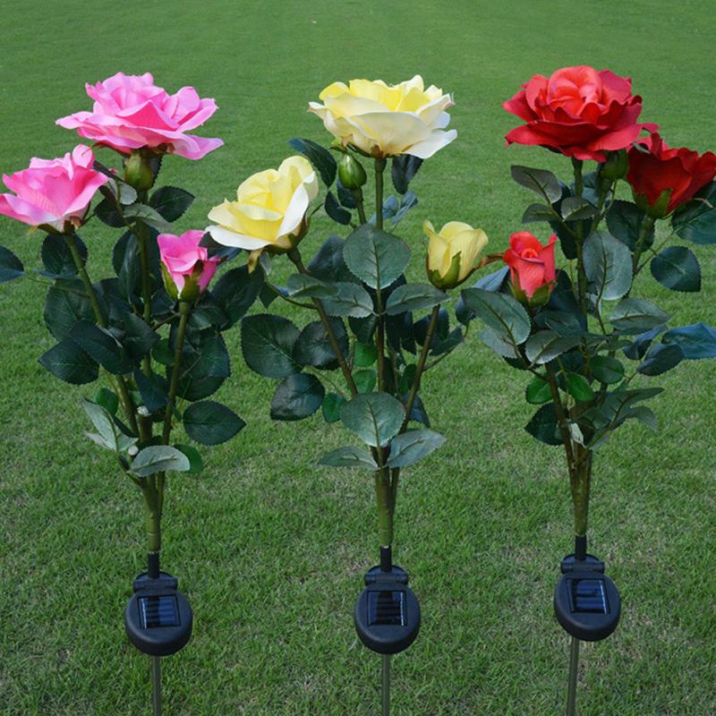 Outdoor Solar Powered 3 LED Light Waterproof Rose Flower Stake Lamp Party Decorative LED Solar ARI