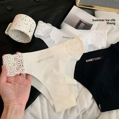 Женское летнее хлопковое кружевное нижнее белье-стринги из ледяного шелка 7A с антибактериальной ластовицей, без следов, с низкой посадкой