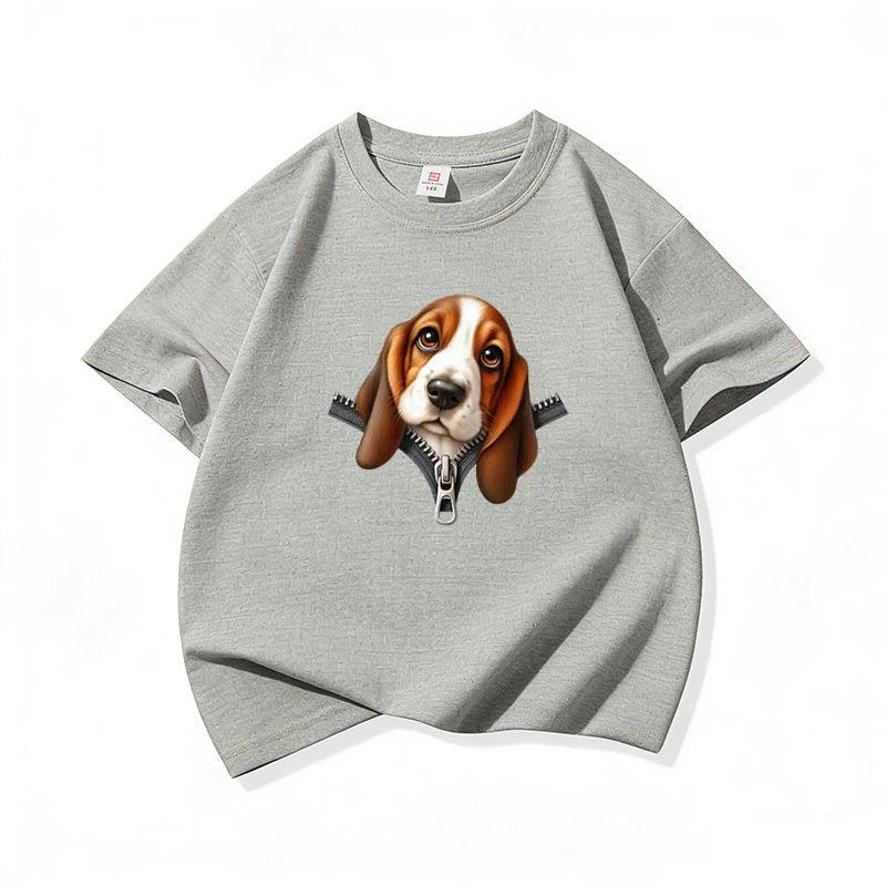 Kids Cotton T Shirt Cute Basset Hound Dog Zipper Print Crew Neck Short Sleeve Tee Casual Breathable Boys Girls Summer Tops