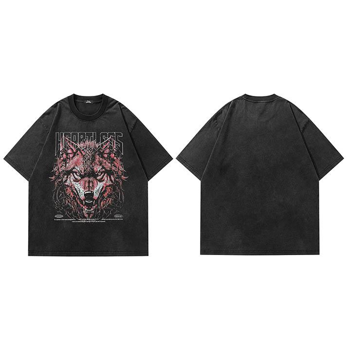 Men T Shirt Streetwear Hip Hop Oversized T Shirt Red Wolf Animal Graphic Tshirt Faded Black Cotton Tops Tee Vintage Hipster