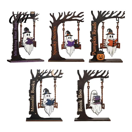 Office Desk Decoration Items Halloween Desktop Swing Decor, Spooky Home Reading Ghost on A Figurine Unique Wooden Craft Gifts for Living Room Kitchen