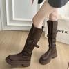 Fashion Versatile Retro Belt Buckle Locomotive Boots Long Boots 2025 Autumn and Winter New Small Thick-soled Knight Boots Women