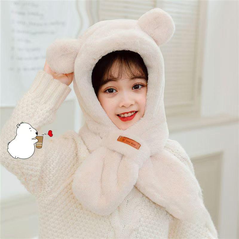 Зимняя детская шапка, шарф, цельная детская шапка из искусственного меха, теплая шапка с ушками в виде медведя из мультфильма для мальчиков и девочек, ветрозащитные шапочки, детские вещи