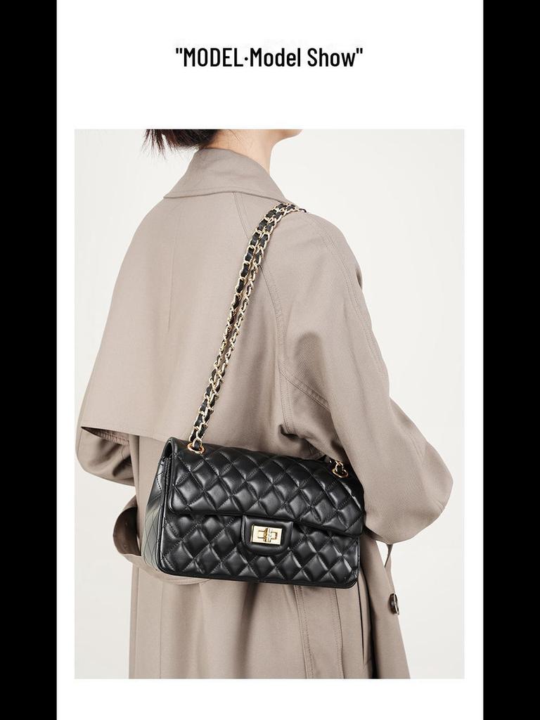 Fang Pangzi CF Caviar Style Diamond Shoulder Messenger Bag - Genuine Leather Women's Niche Design