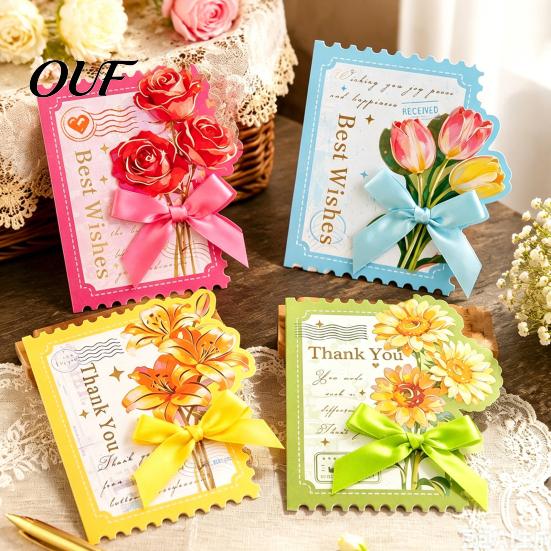 Decorative Greeting Cards Floral Card with Envelope, Thank You Ribbon Bow, Note Envelope Best Wishes for Wedding, Birthday, Baby Shower, Graduation