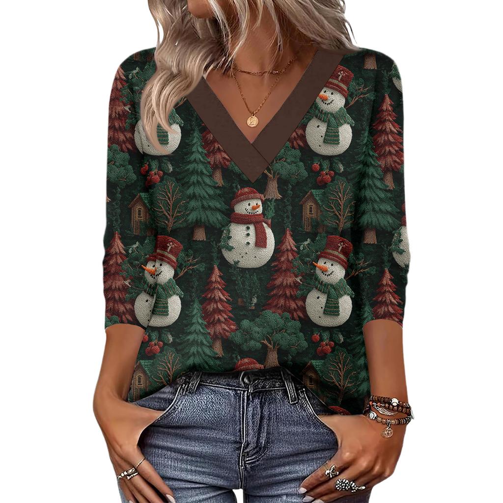 Women's Loose Comfortable Casual Fashion V-Neck Christmas Print 3/4 Sleeve Top
