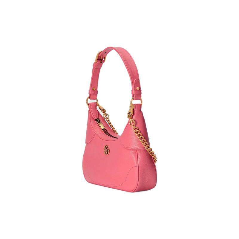 Gucci Aphrodite distressed gold logo zipper closure solid color leather crescent armpit bag hand shoulder bag small size women's pink