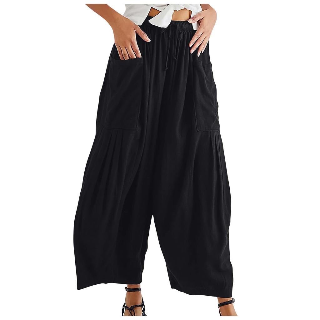 Women Plus Size Wide Leg Linen Pants Middle Waist Summer Baggy Pants