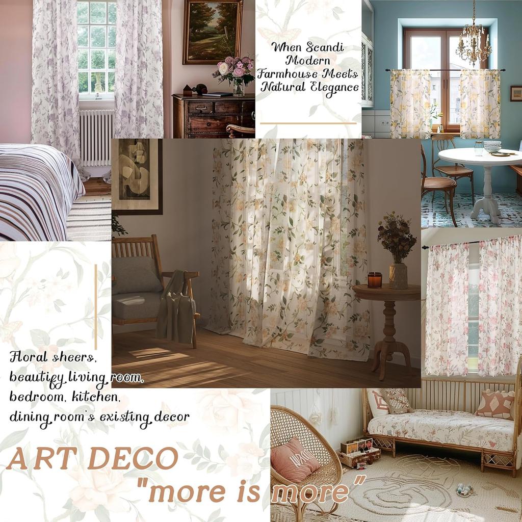 2 Pack Pink Floral Sheer Valance Curtains 36 Inch Vintage Farmhouse Half Cafe Curtains for Kitchen Bathroom Living Room