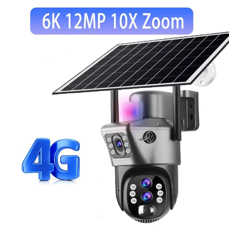 LS VISION Solar Outdoor Surveillance Camera 4G Sim 6K 12MP Three Lens 10 Digital Zoom Wireless Cctv PTZ IP66 Security Solar Panel Cameras