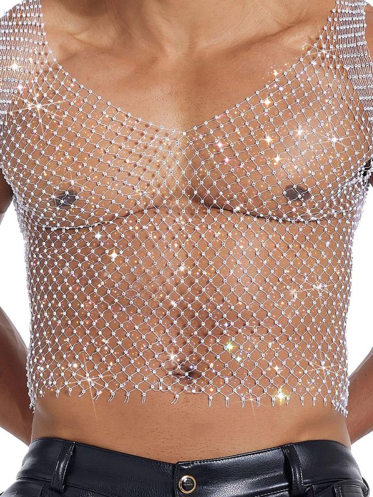 Унисекс Топ-сетка со стразами - Блестящий Прозрачный Жилет для Фестиваля Электронной Музыки