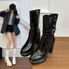 Мода Стиль Spice Girl Британский Стиль Мода Универсальные Толстый Каблук Короткие Ботинки Женские 2025 Осень и Зима Новые Боковая Молния Высокий Каблук Модные Ботинки